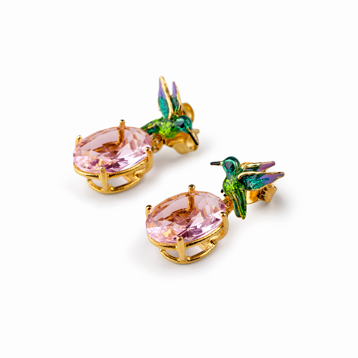 Orecchini Colibrì Gemma placcati in oro con gemme di cristallo rosa