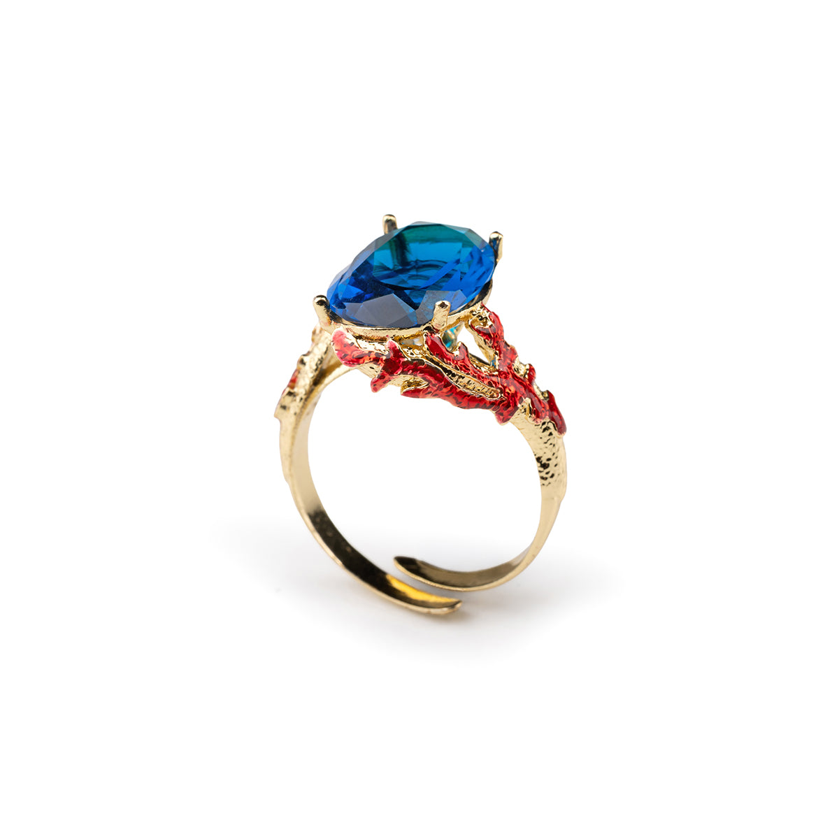 Anello Corallo Gemma - Anello regolabile con gemma blu e corallo placcato oro 24kt